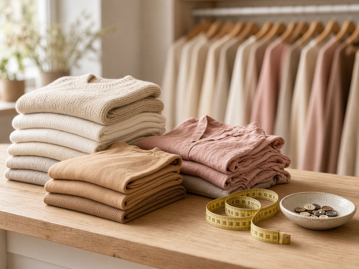 Pilhas de tricôs e blusas de linho dobradas em creme, caramelo e rosé sobre balcão de madeira, com fita métrica e potinho de botões