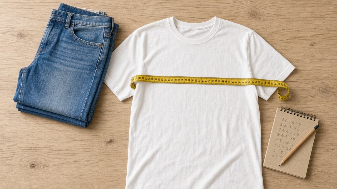 Camiseta branca estendida sobre mesa de madeira com fita métrica amarela atravessando o peito, calça jeans dobrada ao lado e bloco de anotações
